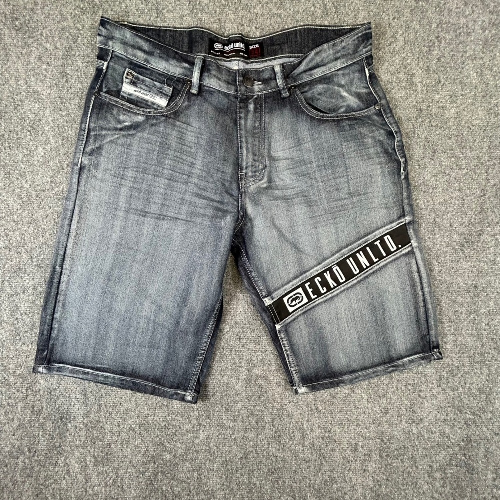 Ecko Unltd Mens Denim Shorts Size 34 Dark Wash Graphic Logo Streetwear Y2K Rhino